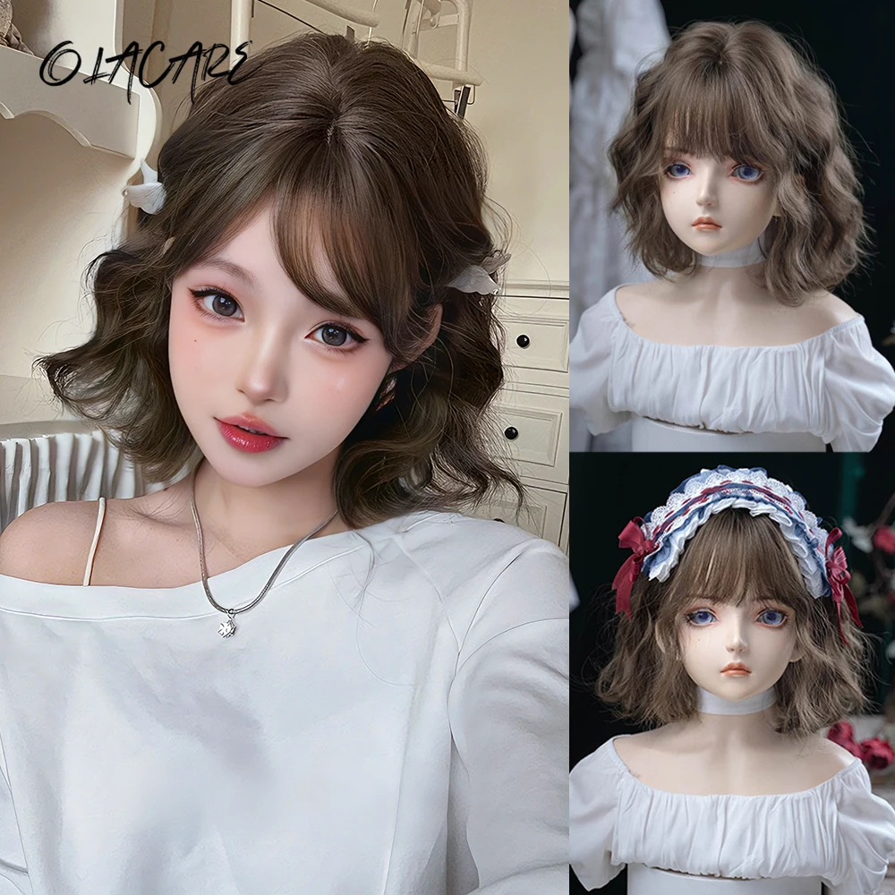 OLACARE Synthetic Brown Yellow Pink Blue Wigs Short Natural Wave Hair Wig For Women Party Daily Heat Resistant Halloween
