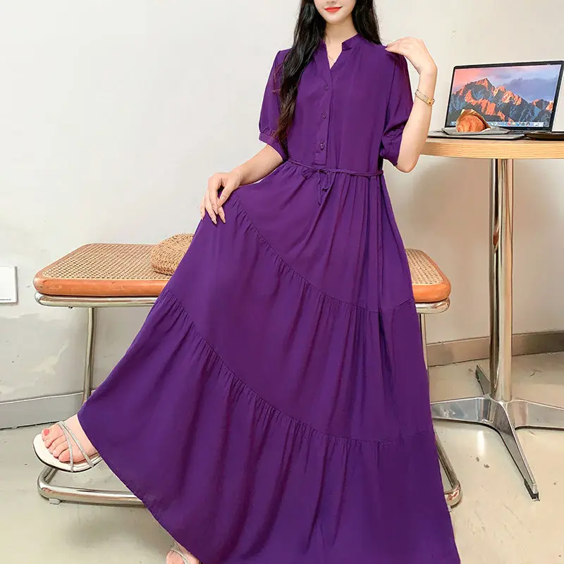 Purple Cotton Silk Dress Loose Cover the Belly Slim and Long Big Display Solid Color Tie Waist Cinching Temperament Long Skirt