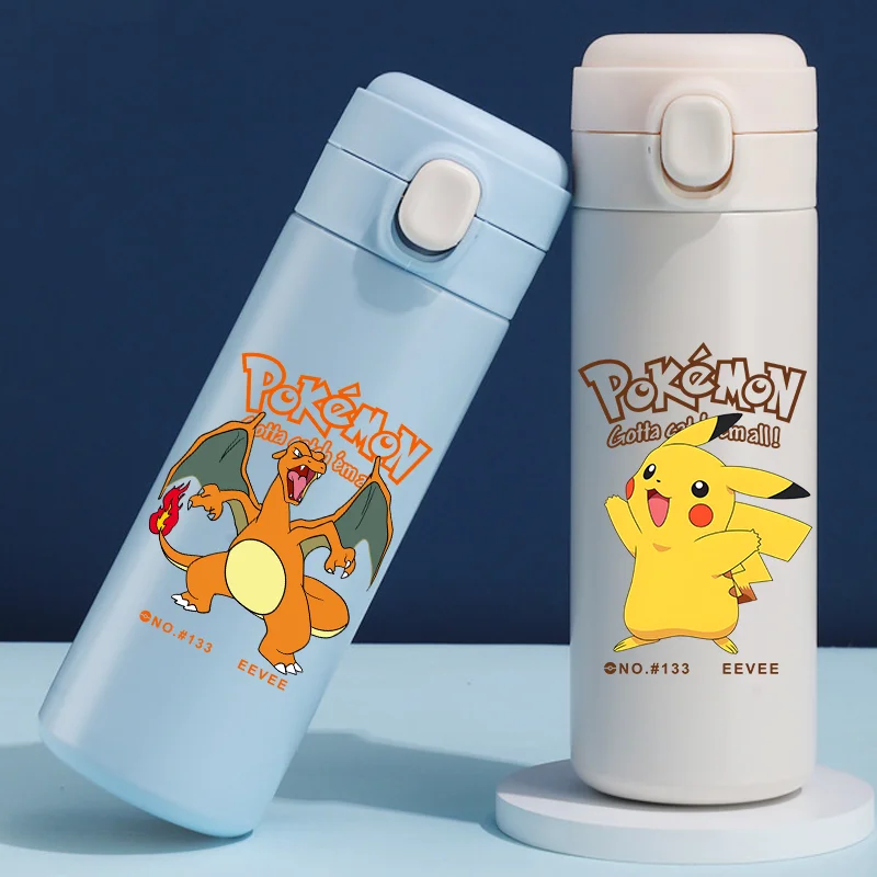 Garrafa térmica de aço inoxidável de 420ml com tema de Pokémon, Charizard, para material escolar, presente de aniversário.