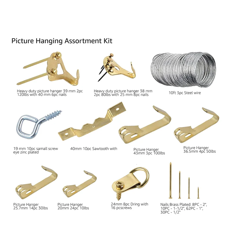 

Picture Hanging Assortment Kit, Heavy Duty Wire Picture Hanging 220-Piece Set For Photo Mirror Frame Artwork-T61C