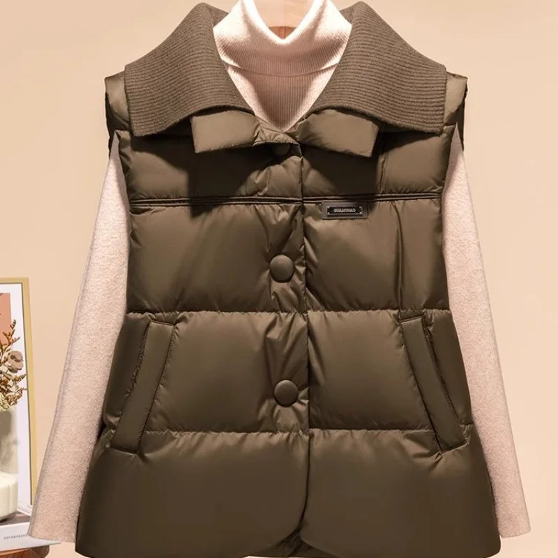 Gilet in cotone da donna con risvolto lavorato a maglia autunno e inverno senza maniche con tasca con bottoni