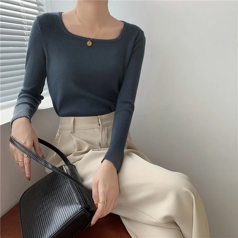 New Square Collar Knit Sweater Women Pullovers Long Sleeve Knitted Sweater Pullover Women Tops Sueters De Mujer Knitwears M893