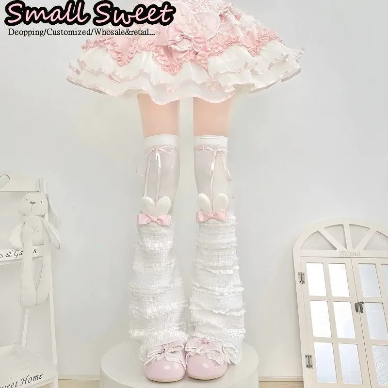 Women’s Lolita Subculture Rabbit Ear JK Lace Ruffle Mid-calf Slimming Bow Bunny Ear Leg Warmers Spring & Summer Leg Warmer