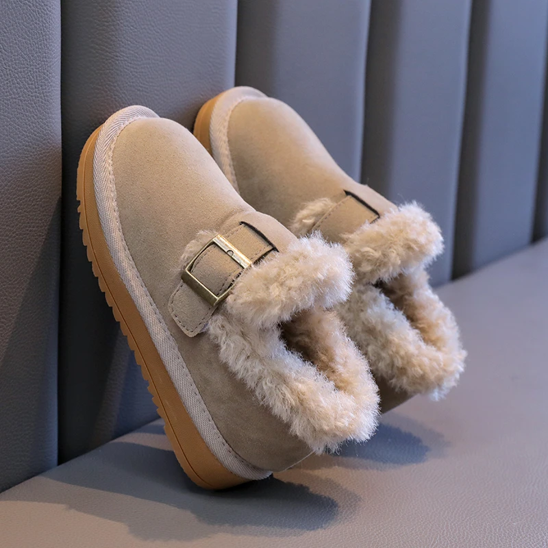 Kids Faux‑Suede Sherpa‑Lined Winter Moccasin Shoes, Adjustable Metal Buckle Strap Flat Warm Kids Winter Shoes