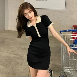 Polo Dresses For Women 2022 Summer New Single Breasted Tight Dress Contrast Color One Pieces Korea Short Sleeve Slit Mini Skirt