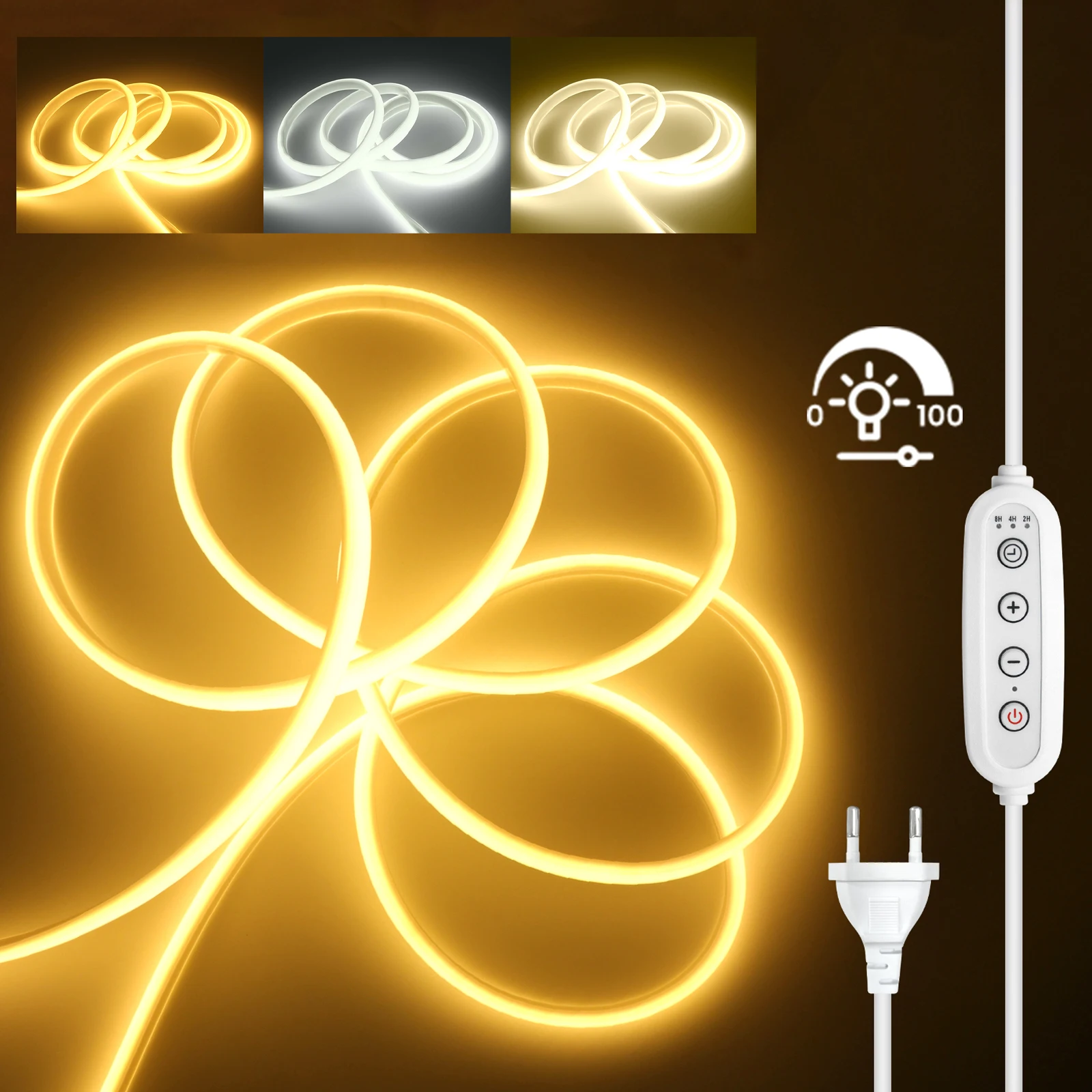 Dimmable COB LED Neon Strip Light 220V with Dimmer EU UK Plug Waterproof 288LEDs Flexible Neon Lamp Home Decor 3000K 4000K 6000K