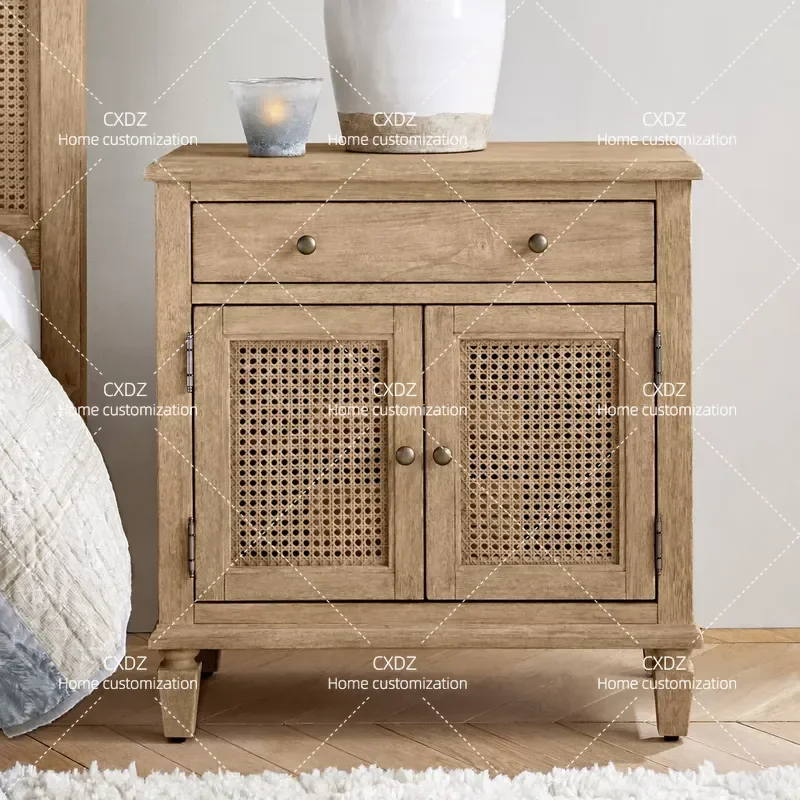 Country Vintage Natural Rattan Double Door Oak Bedside Table Log Color Storage Cabinet Bedroom Nightstand