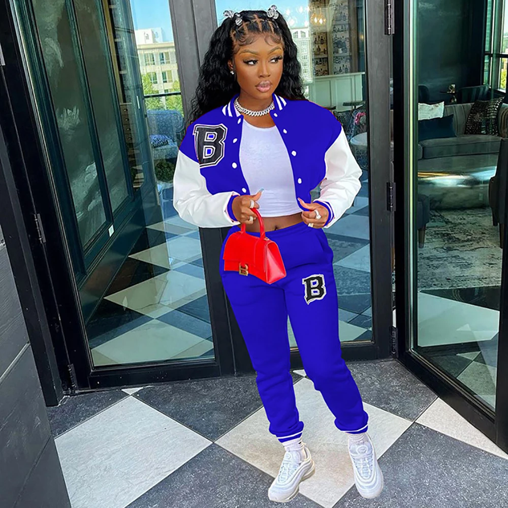 Fall 2022 Letter B Baseball Women's Tracksuit Single Breasted Jacket and Sweatpants Matching Two 2 Piece Set Outfits Sweatsuit