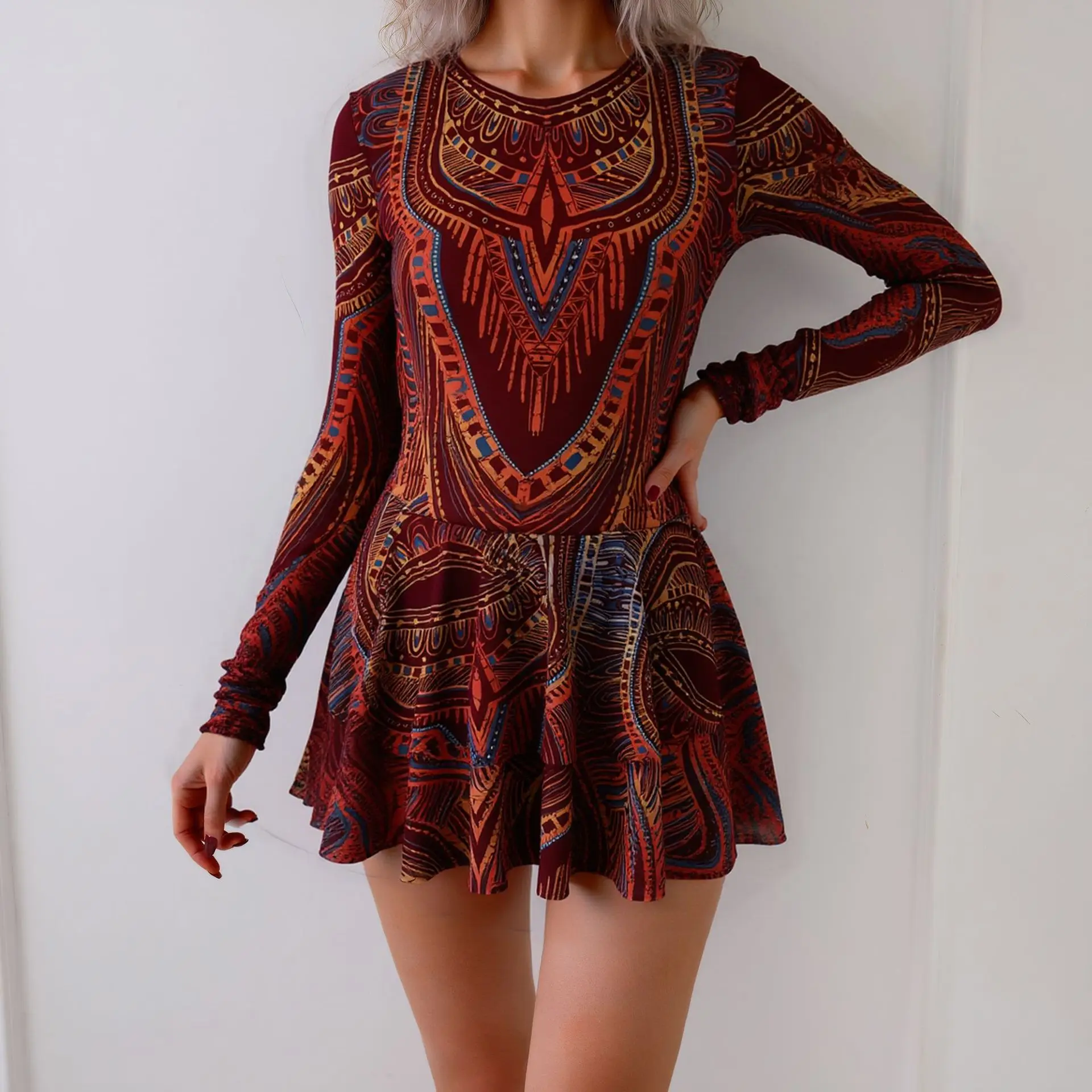 

Women's Retro Print Scoop Neck Long Sleeve Swimdress One Piece Swimsuits High Cut Bathing Suits Swimwear Bodysuit