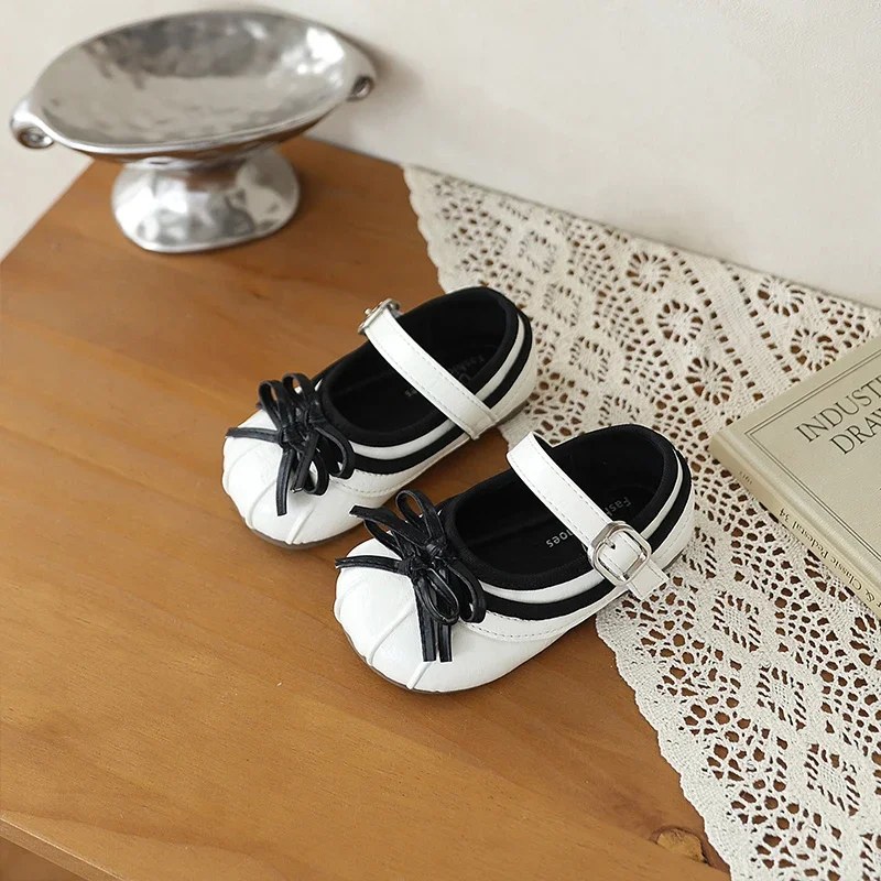 Mumoresip Children's Fashion Mary Jane Shoes Pleated Bow Kids Causal Leather Shoes School Soft Little Girl Flat Shoes Round-toe