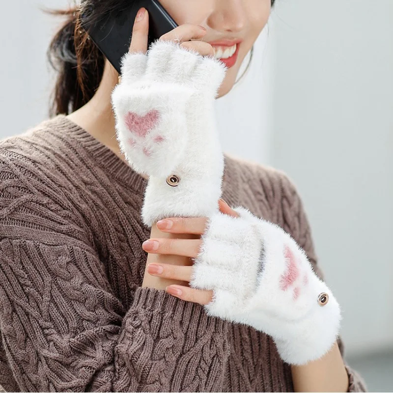 New Kawaii Women Warm Cat Gloves Fashion Girls Cat Claw Paw Plush Mittens Soft Plush Short Fingerless Half Finger Winter Gloves