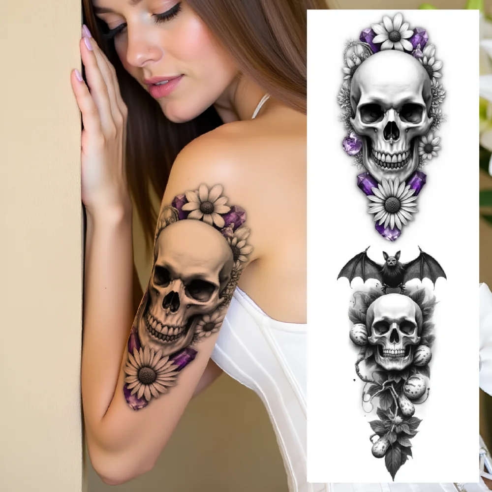 

3pcs Temporary Tattoo Waterproof Long-lasting Body Stickers Skull With Bat And Fruits Skull With Candle And Hood For Women