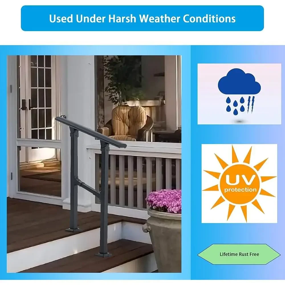 2 Step Aluminum Stair Handrail Outdoor Railing Kit Easy Install Durable Rust-proof Support Elderly and Disabled Access