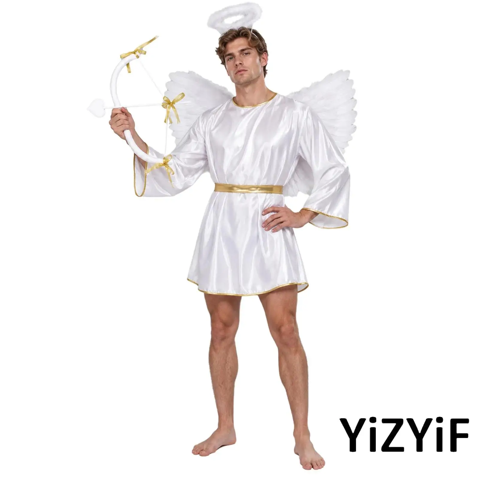 Disfraz de ángel para hombre, con detalles dorados, cuello redondo, mangas con forma de alas de murciélago, túnica con alas de plumas, tocado y arco y flecha para fiestas de Halloween.