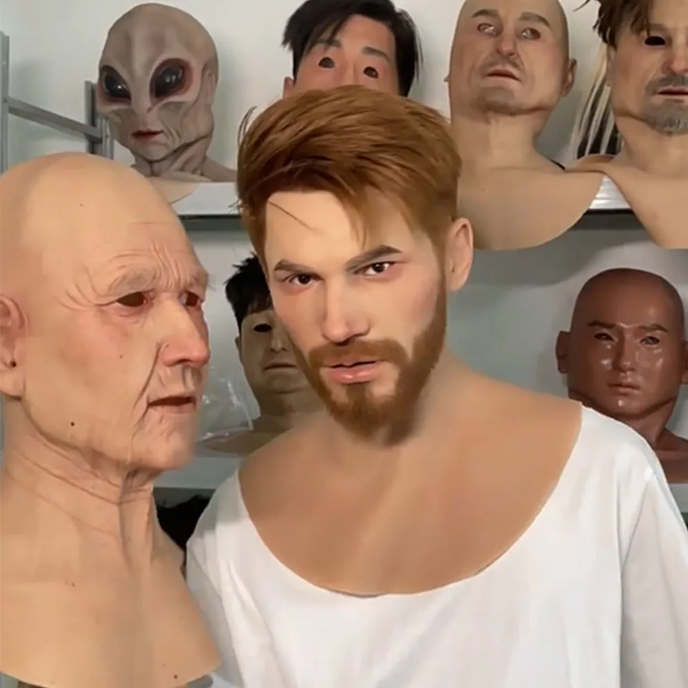 Lifelike Silicone Male Masks Wearable Realistic Young Man Headgear with Hair Transplant & Beard Cosplay Film TV Props