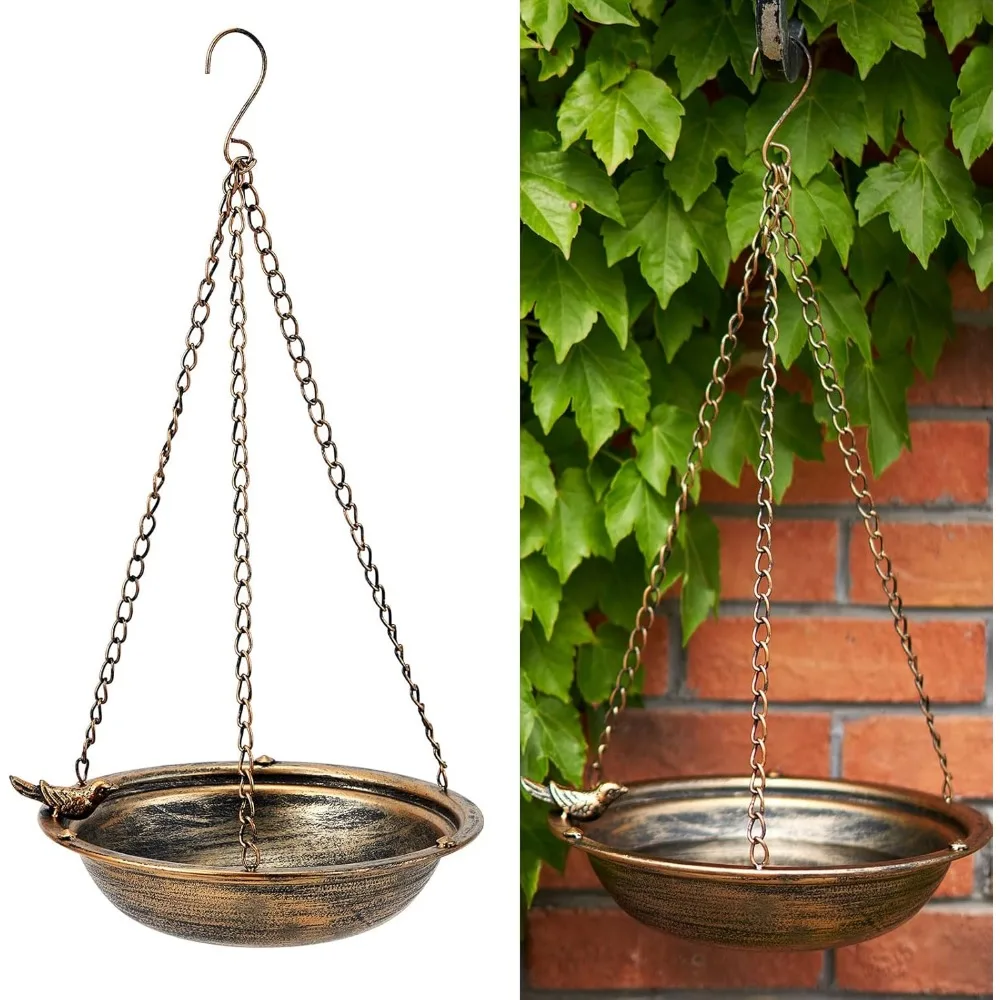 metal hanging bird baths for outdoors,outdoor bird feeder,backyard, patio garden yard decoration (gold)