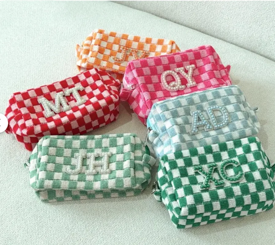 

Personalized Checkered Makeup Bag Checkered Pouch Bridesmaid Gifts Vacation Gift Bach Party Favors Bachelorette Favors Retro Bag