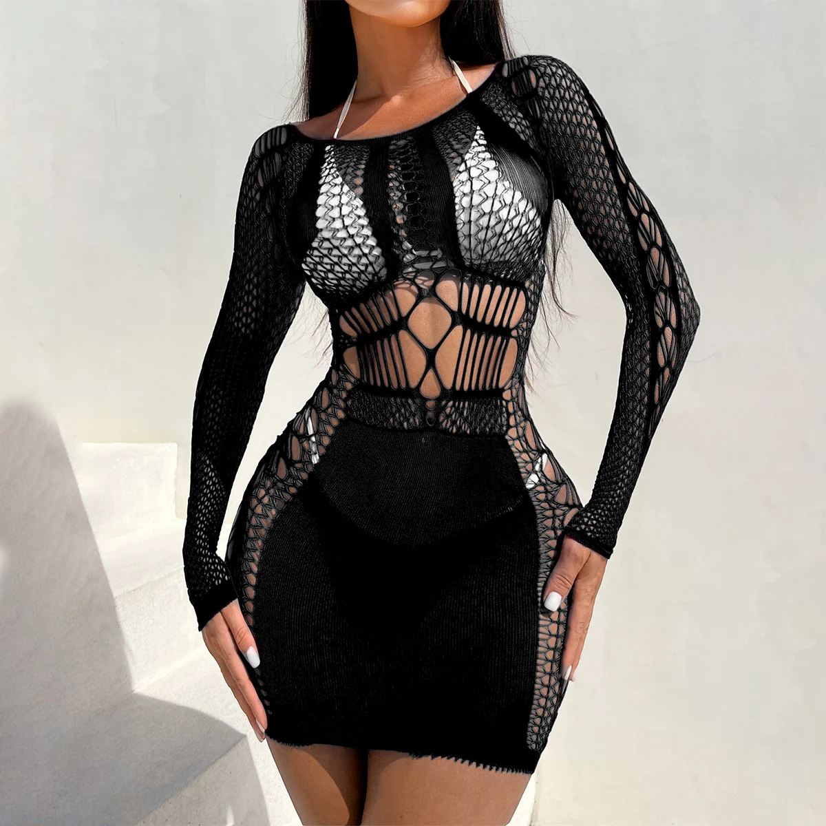 SIMPLEJEWEL Vestido feminino lingerie sexy babydoll bodycon vestido de uma peça malha teddy fishnet chemise roupa de dormir