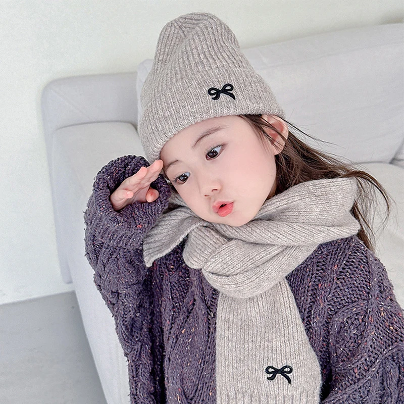 Kids Knitted Hats Scarfs Set Cute Bow Embroidered Children\'s Warm Beanie Cap Winter Child Solid Color Thick Soft Girls Baby Cap