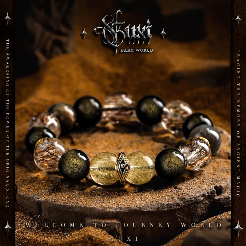 

Obsidian Bracelet Men's Gold-haired Crystal Hand Beaded Black Gold Super Seven Crystal Birthday Gift