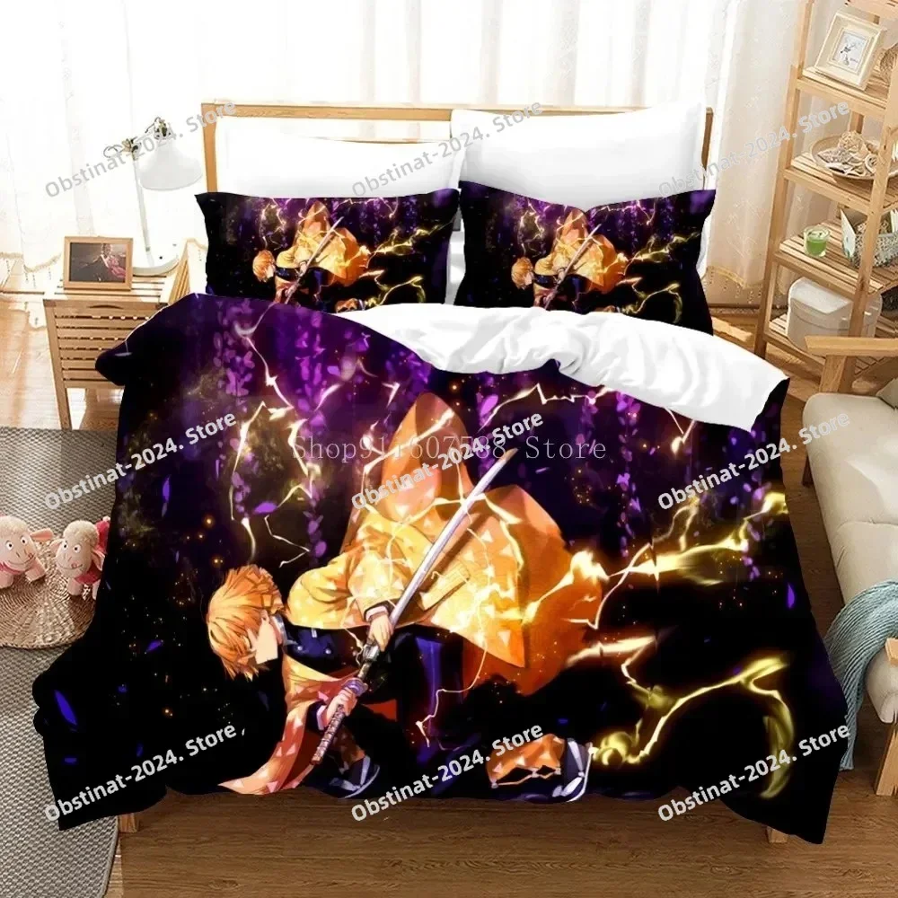Zenitsu Agatsum Demon Slayer Bedding Sets Japan Anime Printed Bed Set Duvet Cover Pillowcase Linen Sheet Quilt Cover Full Size