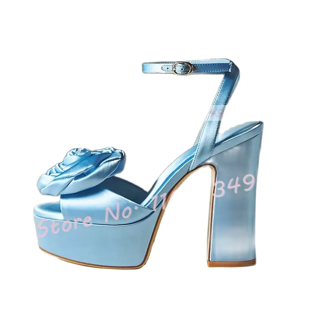 Classy Blue Rose Satin Platform Sandals Female Open Toe Block High Heels Shoes Women Party Wedding Ankle Strap Big Size Sandals