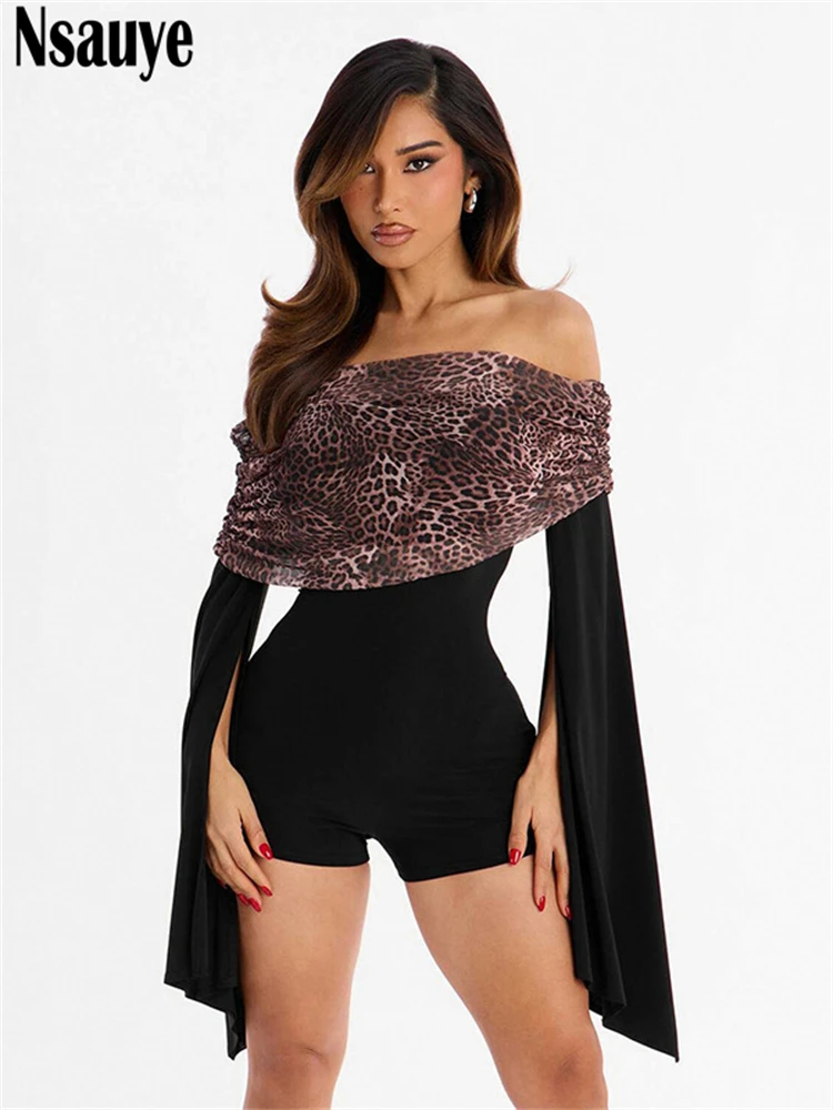 

Nsauye Sexy Women Club Night Streetwear High Waisted One Pieces Rompers Long Sleeve Off Shoulder Leopard Print Y2K Playsuit 2026