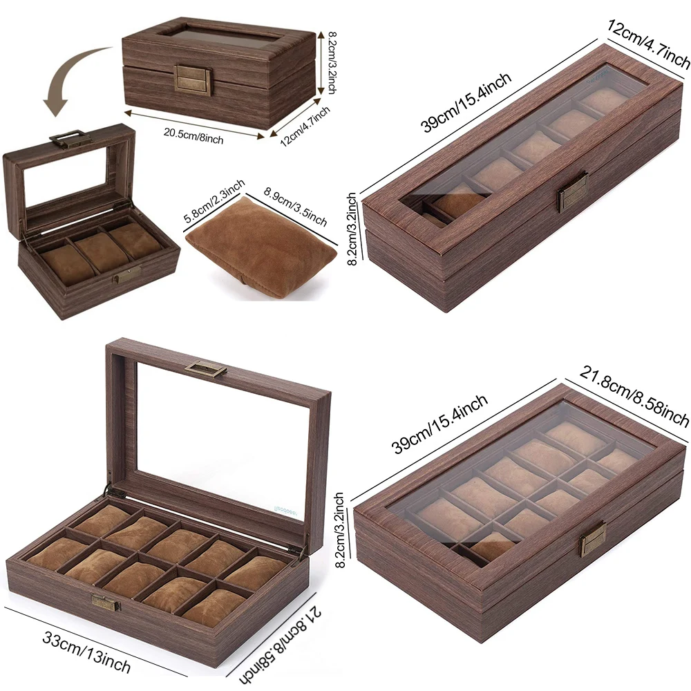 3/6/10/12 Slot Pu Leather Watch Box Protable Travel Watch Case Storage Vintage Wood Colour Buckle Watch Stand Jewelry Organizer