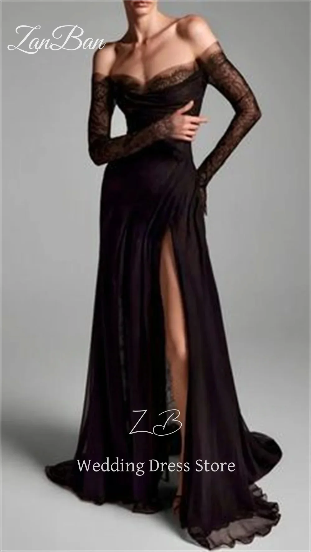ZanBan Sexy Black Prom Dresses Off Shoulder Full Sleeves Wedding Party Gowns Illusion Sweetheart Neck Side Slit Customized