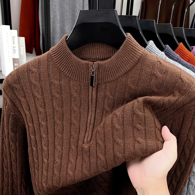 Men Half Zip Turtleneck Wool Blend Cable Knit Sweater Thick Warm Casual Pullover Base Top