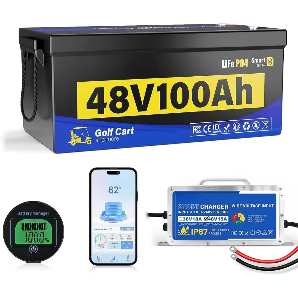 

48 В литиевая батарея для гольф-кара со встроенным Bluetooth BMS 200 А, литиевая батарея 48 В, 100 Ач для гольф-кара с зарядным устройством 15 А