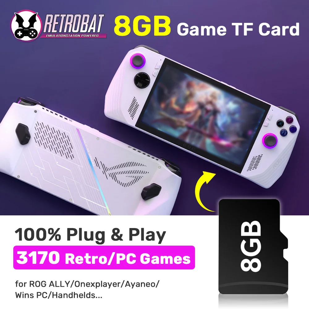 JMachen 8GB Game TF Card Latest Retrobat System for ROG ALLY/Onexplayer/Ayaneo/Wins PC/Handhelds Built-in 3170 Retro&PC Games