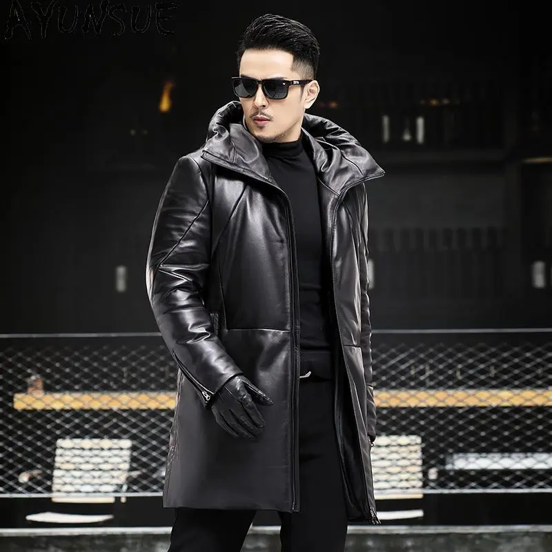 

AYUNSUE, зимний пуховик из натуральной кожи, мужская одежда, 2024, дубленка средней длины для мужчин, белое пальто на утином пуху, толстовка с капюшоном 2025