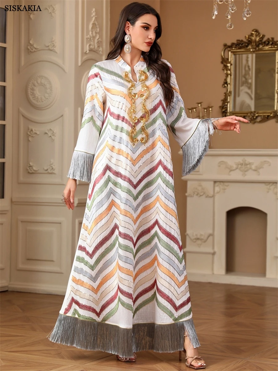 

Siskakia Tassel Luxury Woman Evening Dress Dubai Embroidery Maxi Abaya Muslim Sequins Women Clothing 2025