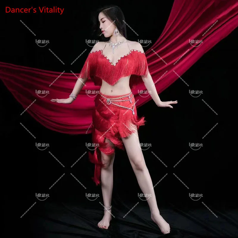 Belly Bance Suit Tassel Bra Diamond-Studded Belt Skirt Performance Clothes Set Female Adult High-end Top Competition Clothing