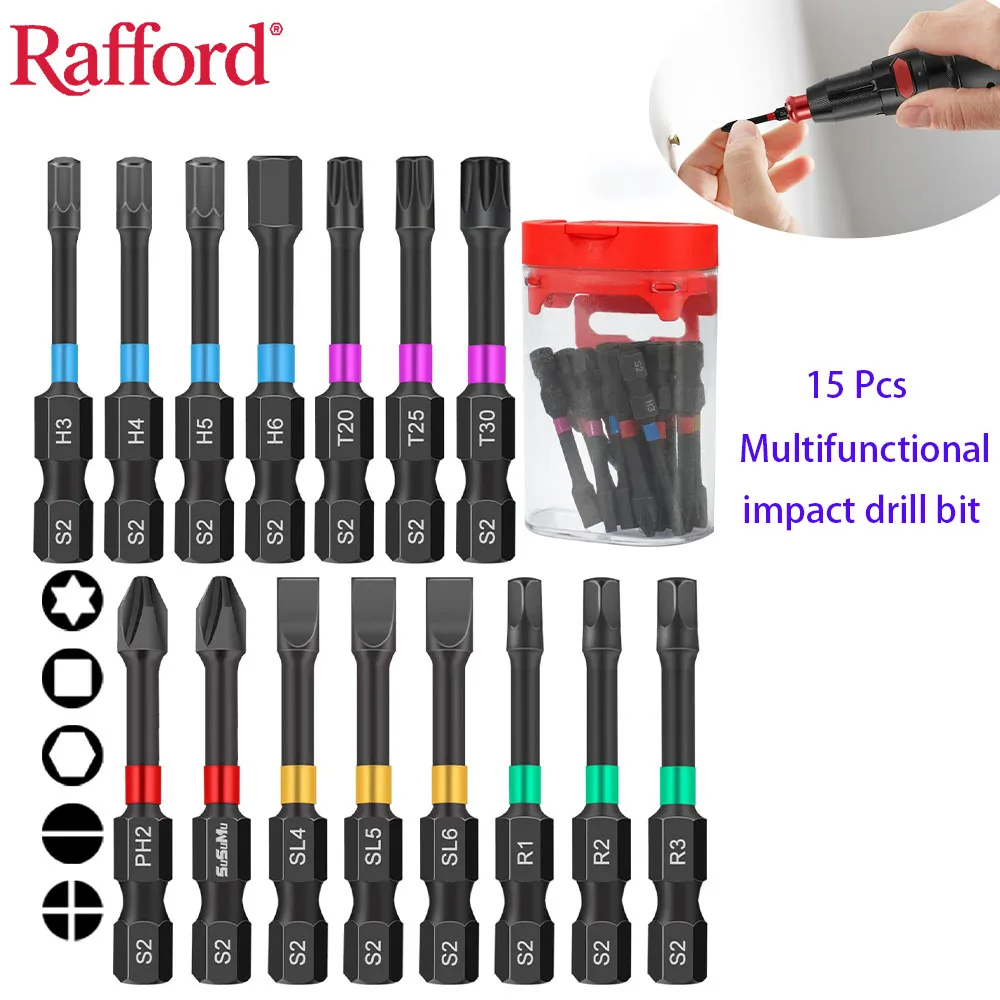 Rafford 15PCS Impact Ready Magnetic Screwdriver Bits Set - 2 Inch Anti-Slip for Impact/Cordless Drill | Torx/Hex/Phillips Head