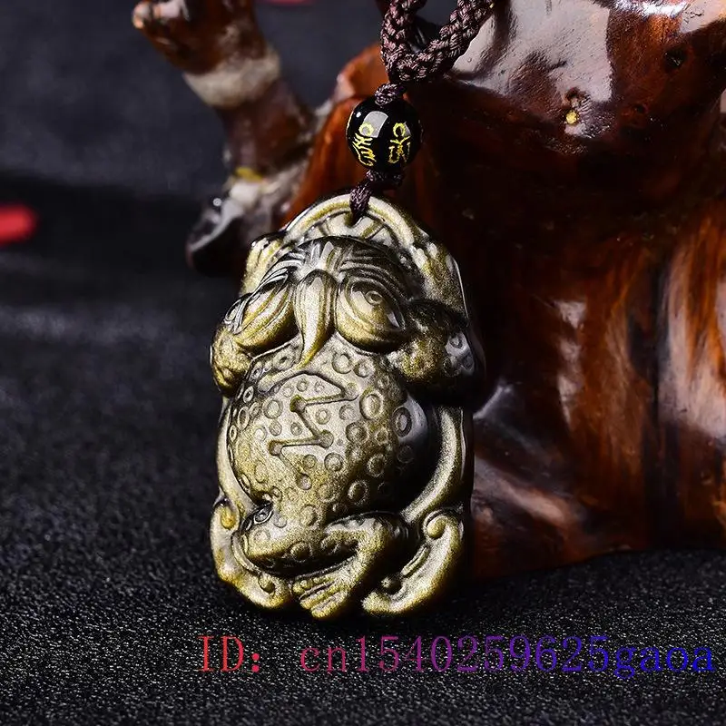 Golden Obsidian Frog Pendant Necklace Carved Men Gemstone Talismans Designer Gift Natural Luxury Amulet Real Jewelry