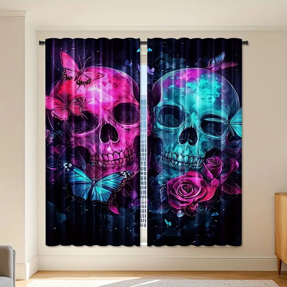 Dramatic Gothic Skull Butterfly Curtain Pair Window Panel Gothic Floral Skeleton Bohemian Art Window Treatment Decor Home Living
