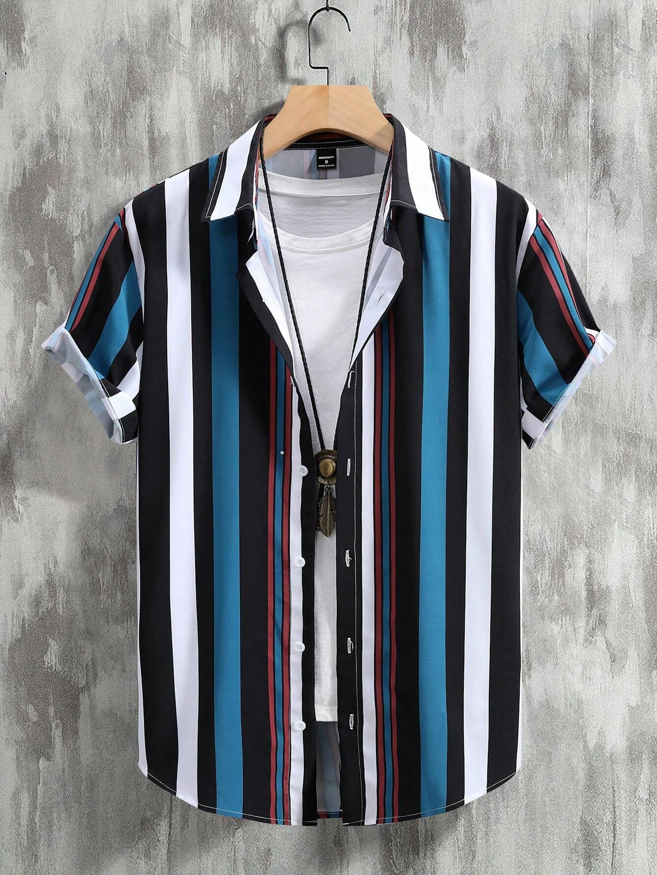 Men's And Women's Fun Striped Cartoon Pattern Printed Shirts Casual Design Short Sleeve Shirts Fashion Button-Ups