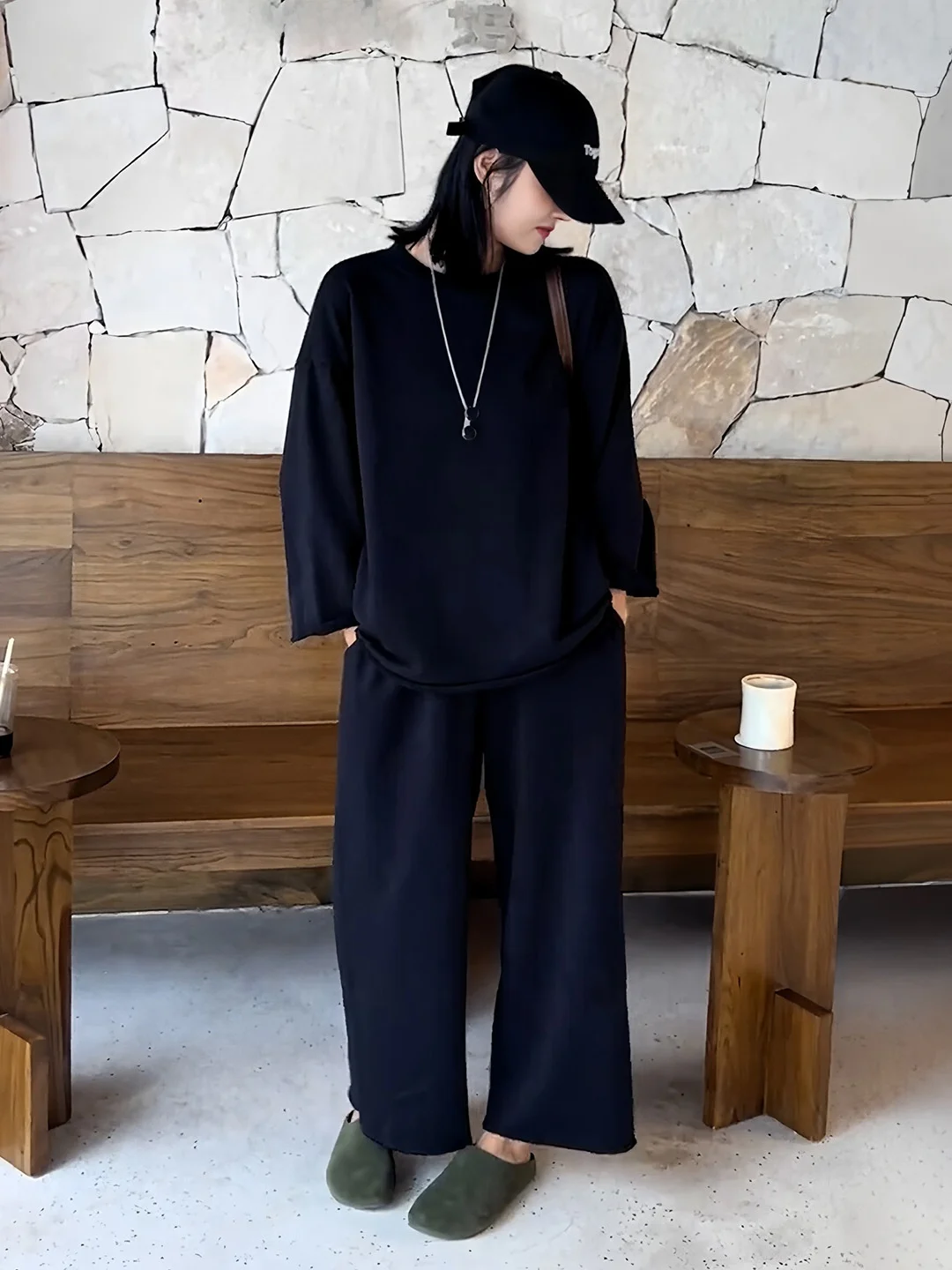 plus Size Women's Lazy Style Black Top Bottoms Set Casual Autumn New Hide Meat Slimming Comfortable Fashion Set for Women