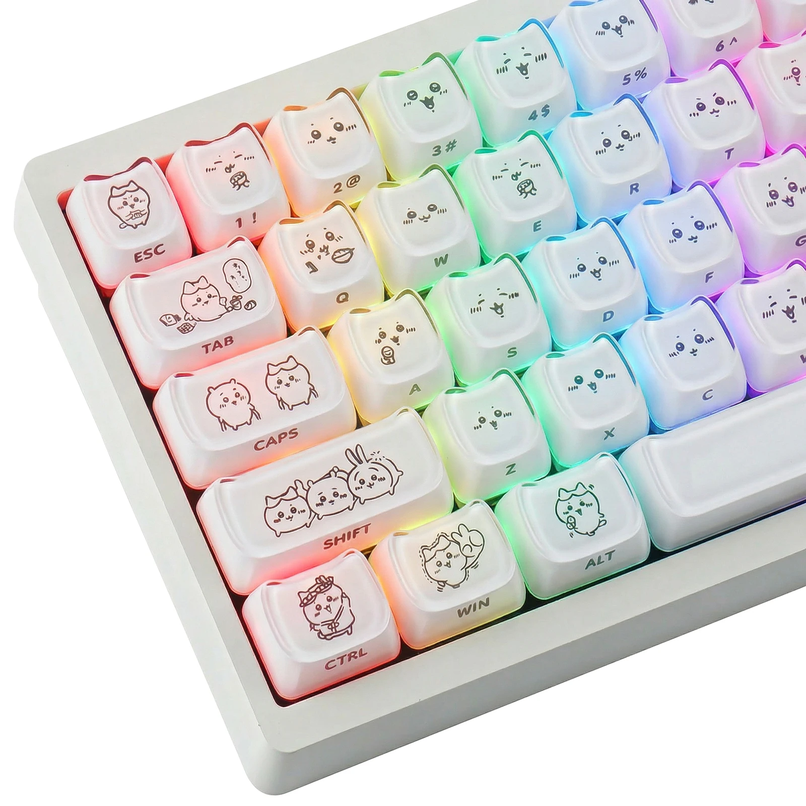 Crystal Jelly White Hachiware Keycaps Dual Legends 119 Keys MAO Profile for Mechanical Keyboard
