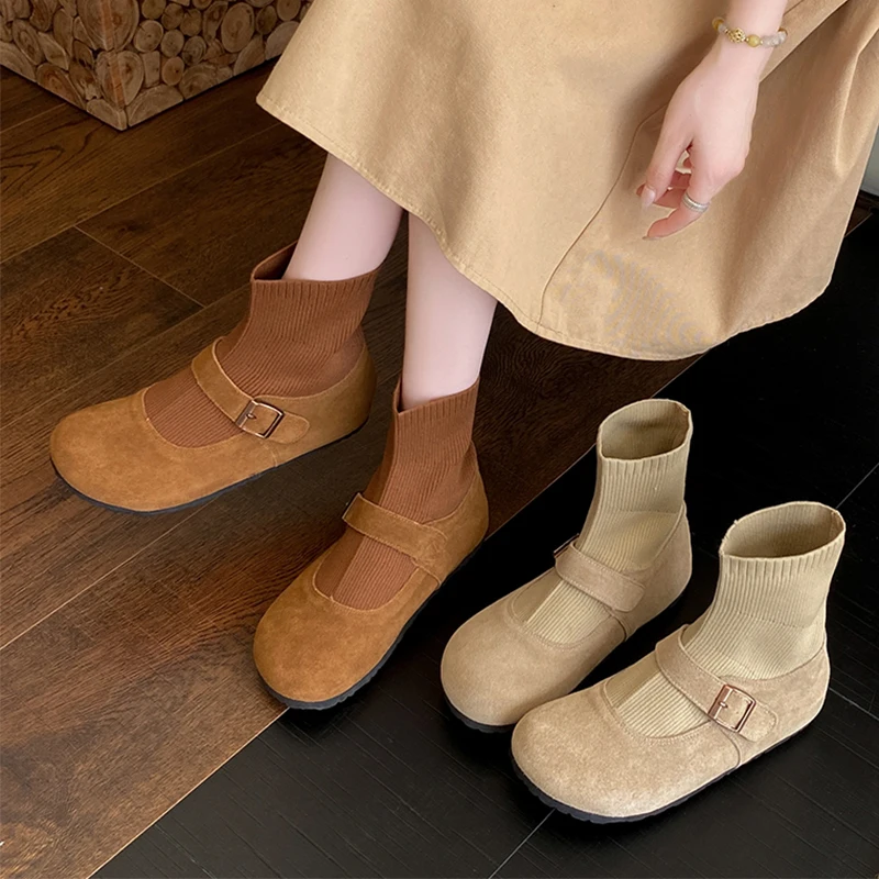 Flats Women Ankle Sock Boots Trend Sport Shoes Fashion Chelsea Boots 2025 Winter Casual Walking Suede Shoes Comfort Mujer Botas