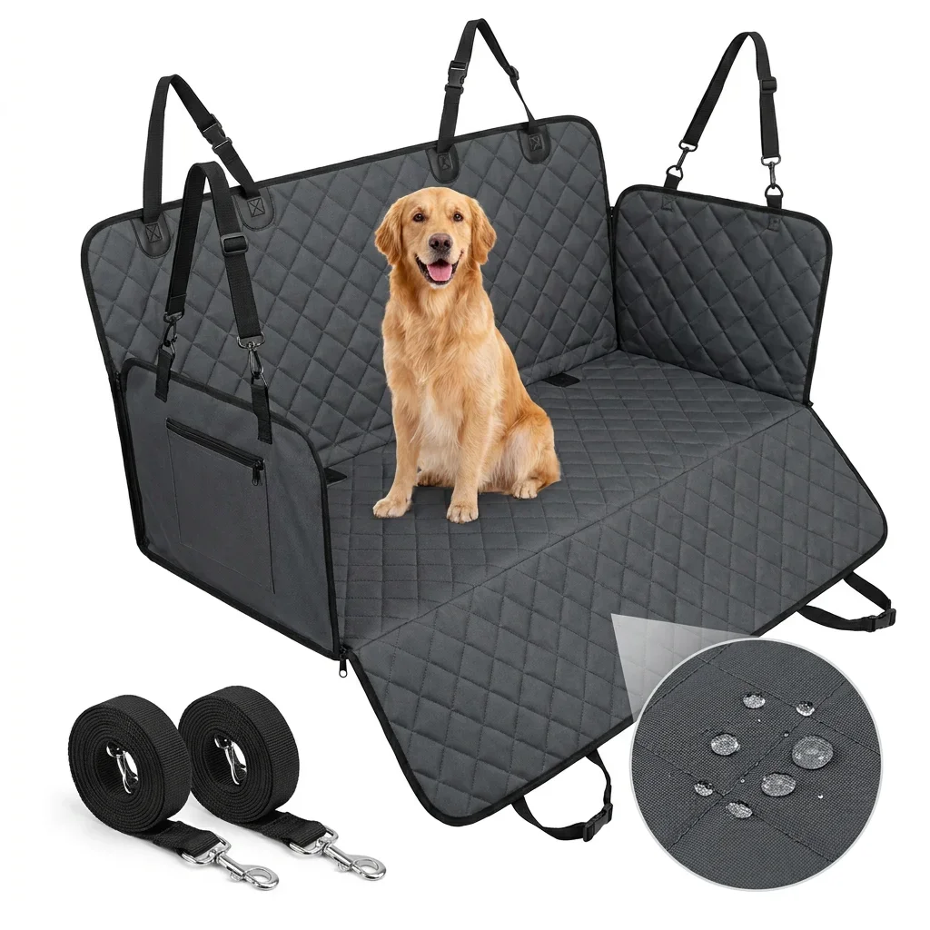 

Waterproof Dog Car Seat Cover Hammock Back Seat Protector Non-Slip Quilted Pet Mat with Side Flaps & Safety Belts for Dogs Cats