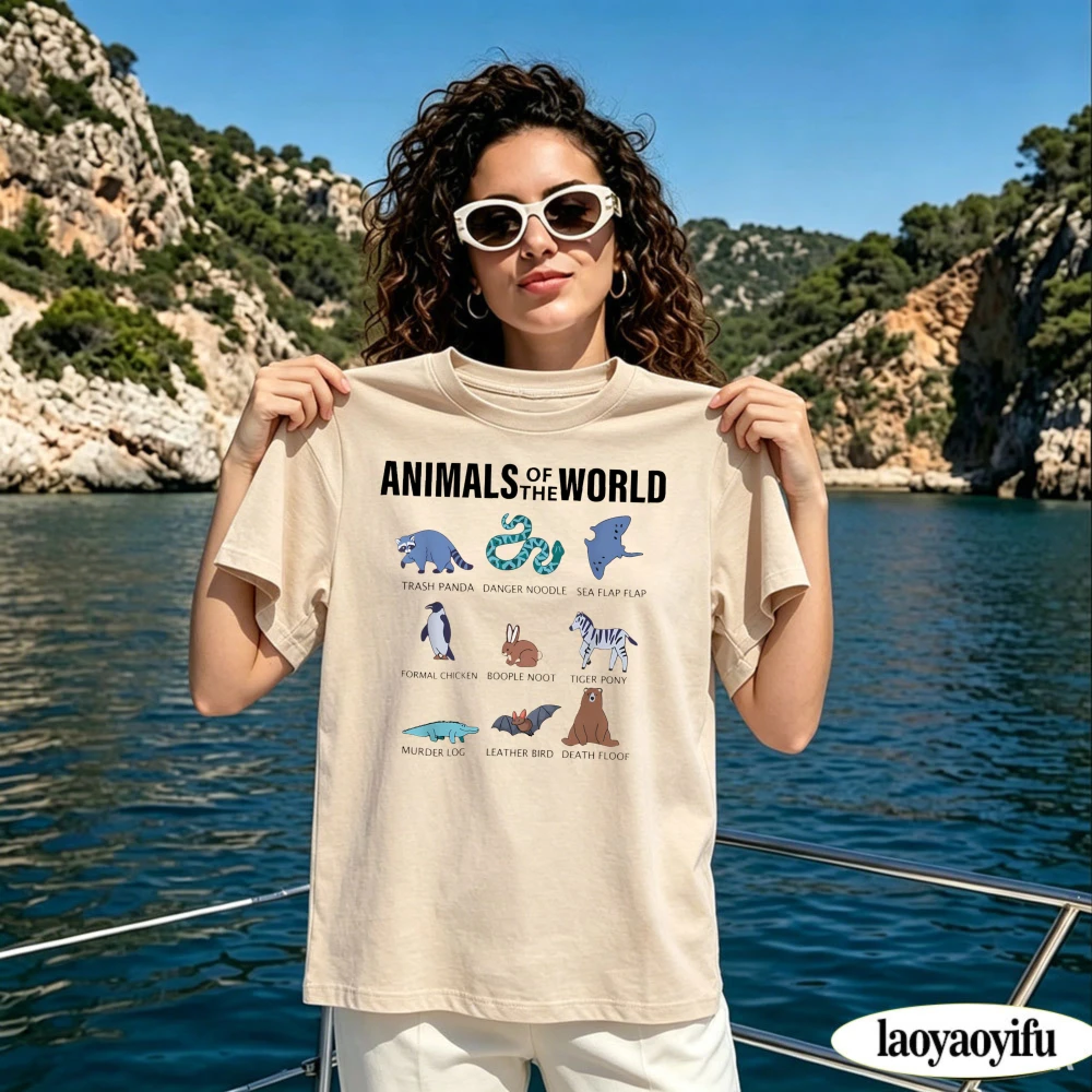 Animals Of The World Funny Creature Nickname Cartoon Graphic Print Women Summer Shirt Wildlife Humor Animal Lover Casual Apparel