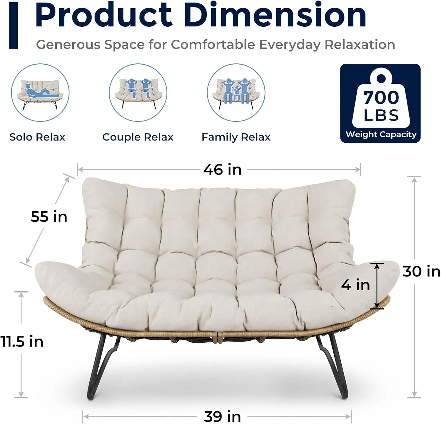Outdoor Patio Loveseat, Khaki 2-Seater Papasan Chair with Included Cushion
