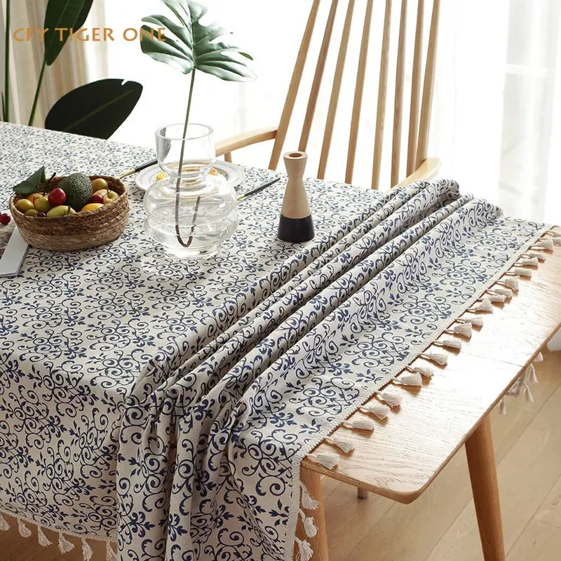 

Cotton Linen Vintage Tablecloth for Table Pastoral Decorative Rectangular Tablecloth with Tassel Dining Table Cover Tea Cloth