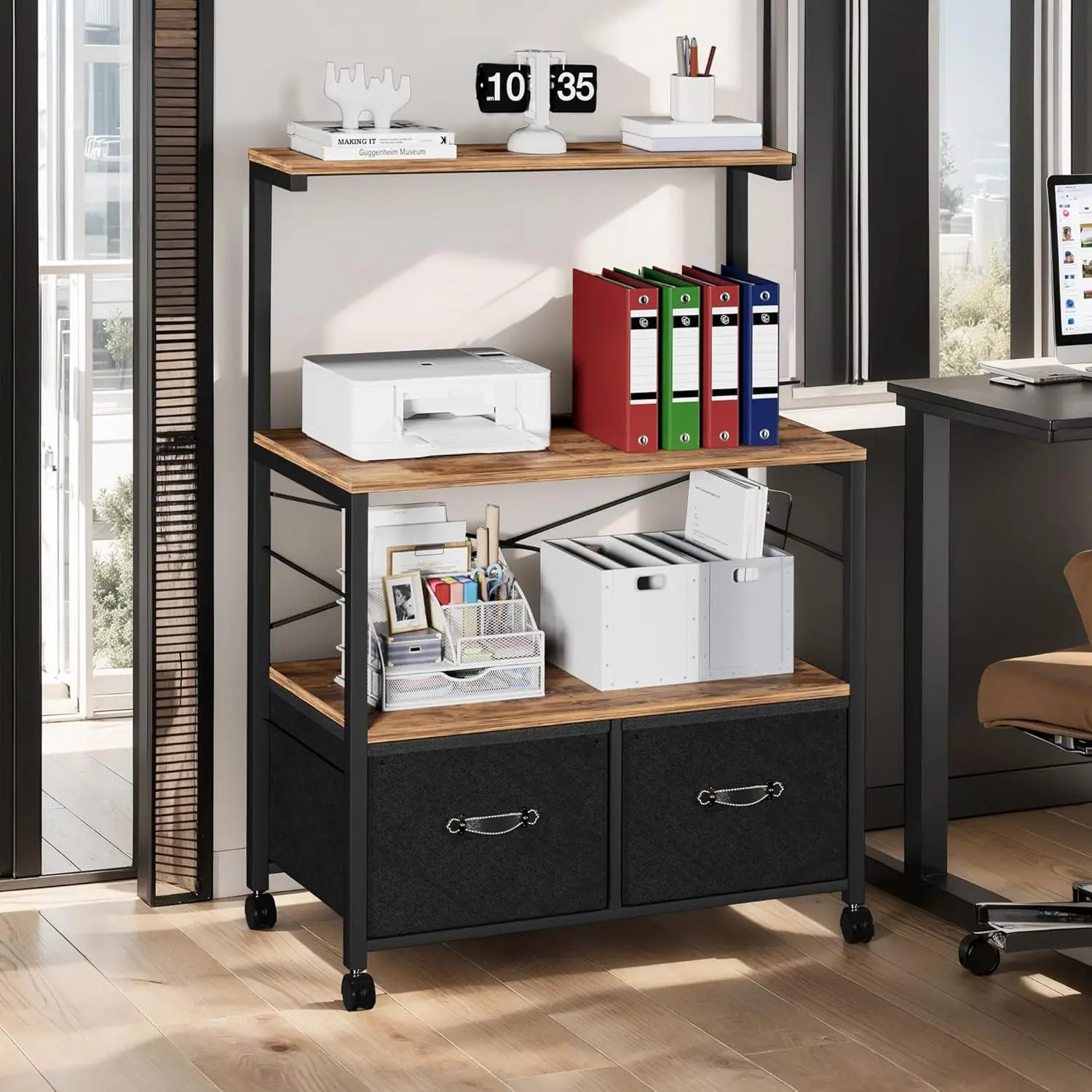 

Lateral File Cabinet on Wheels, Large Printer Stand with 3 Open Shelves, Letter Size Storage for Home Office - Brown