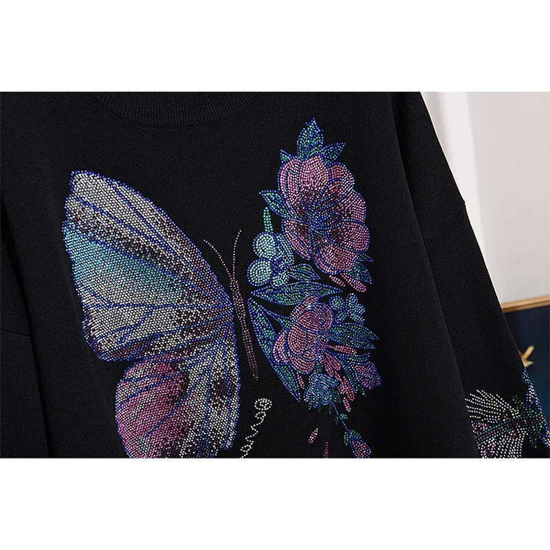 

Вязаная одежда из двух предметов с бабочкой, женский костюм, свободный черный спортивный костюм, пуловер, свитера, брюки-карандаш, вязаный комплект, женский