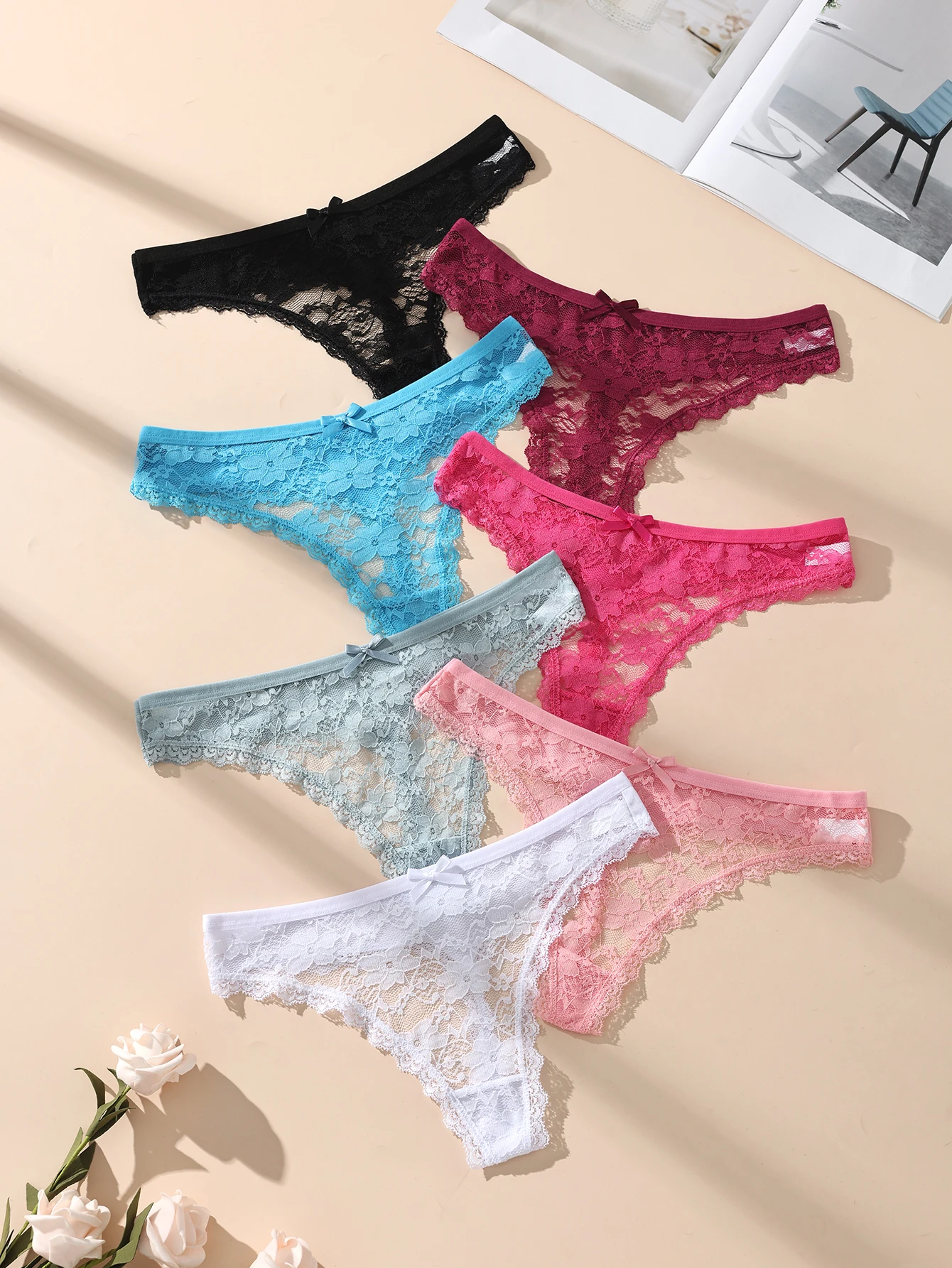 Awesomea 4Pcs Womens Lace Low Waist Thong Panties Soft Comfortable Breathable Seamless Sexy Underwear Briefs