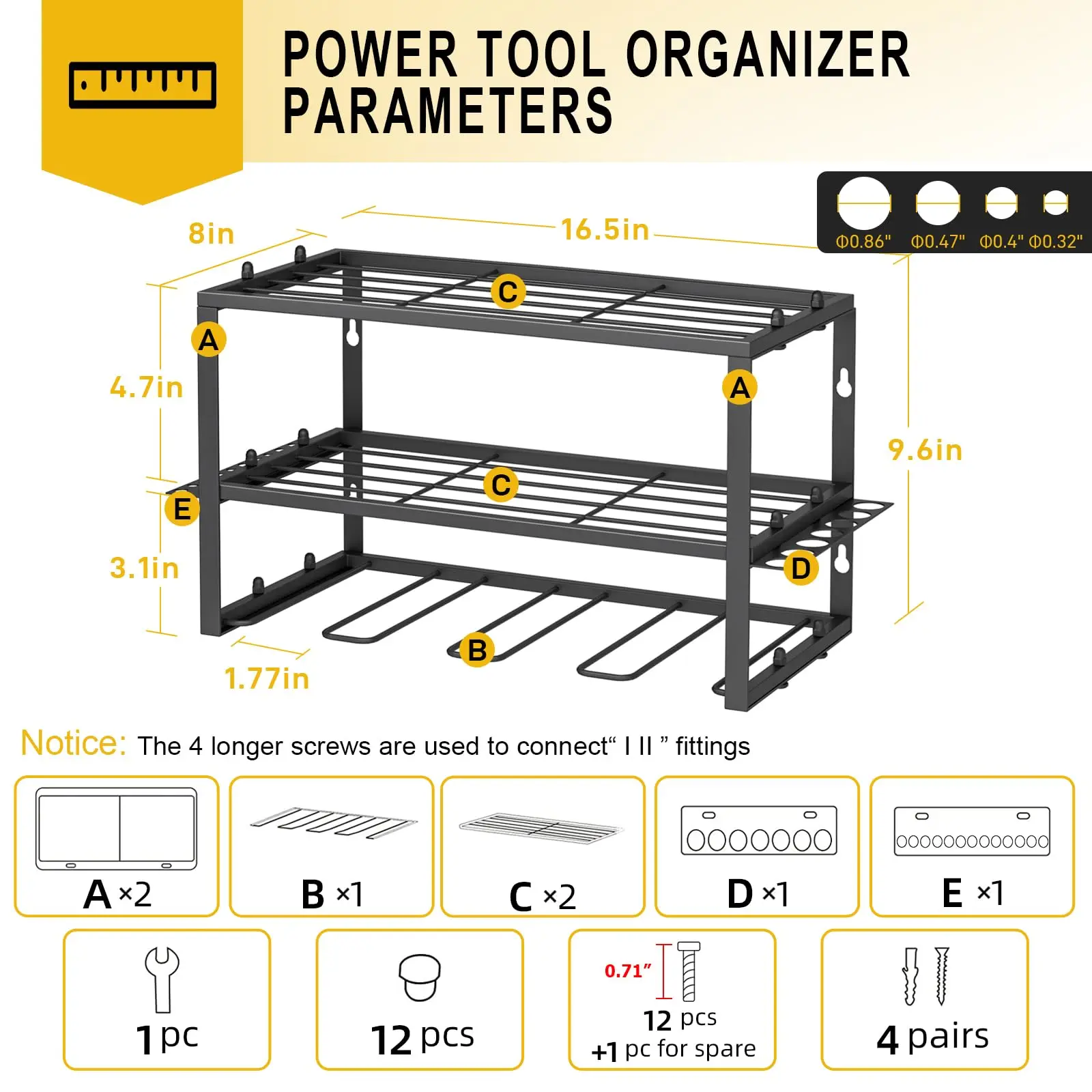 Power Tool Organizer-Power Drill Tool Holder- Heavy Shelf-Floating Tool Shelf Wall Mounted Tool Storage Rack for 4 Drill Holders